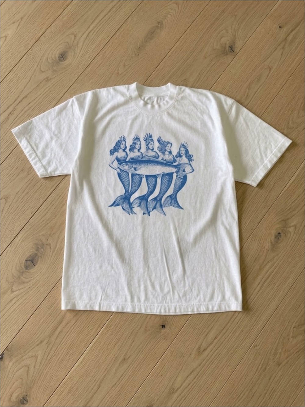 Gildan White Short-Sleeve Tee with Blue Mermaid Crew Graphic